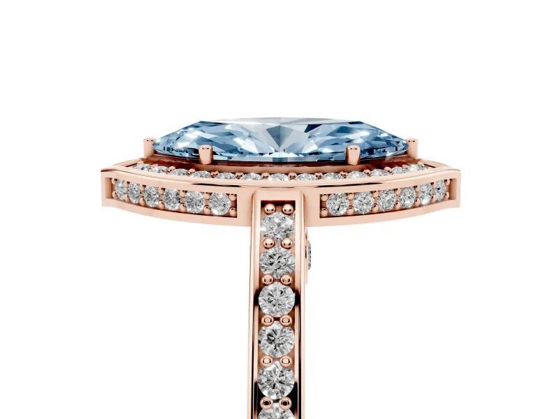 Fancy Blue Marquise Cut Diamond Halo Pavé Split Shank Ring Set in Rose gold with Prong Setting