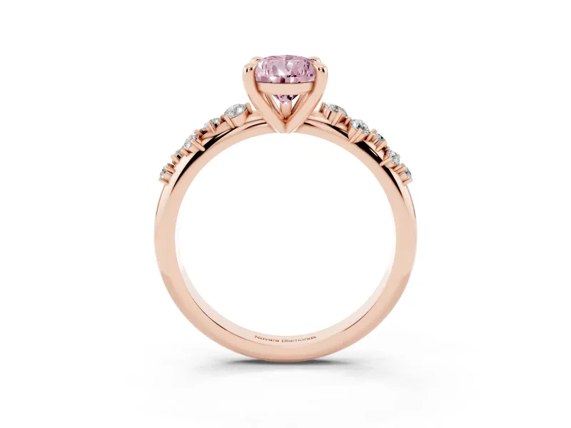 Fancy Pink Pear Cut Diamond Solitaire Vine Band Ring Set in Rose gold with Round Accents and Prong Setting