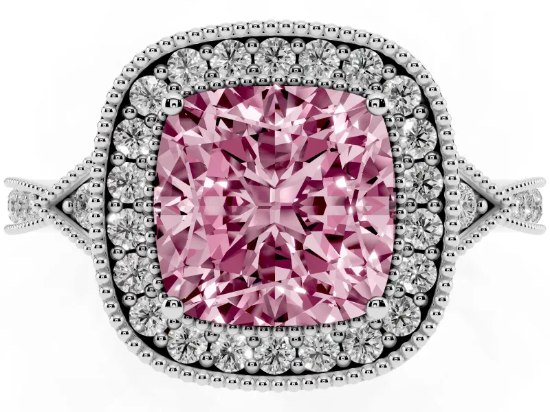 Fancy Pink Cushion Cut Diamond Halo Engagement Ring Set in Silver with Milgrain Pavé Band