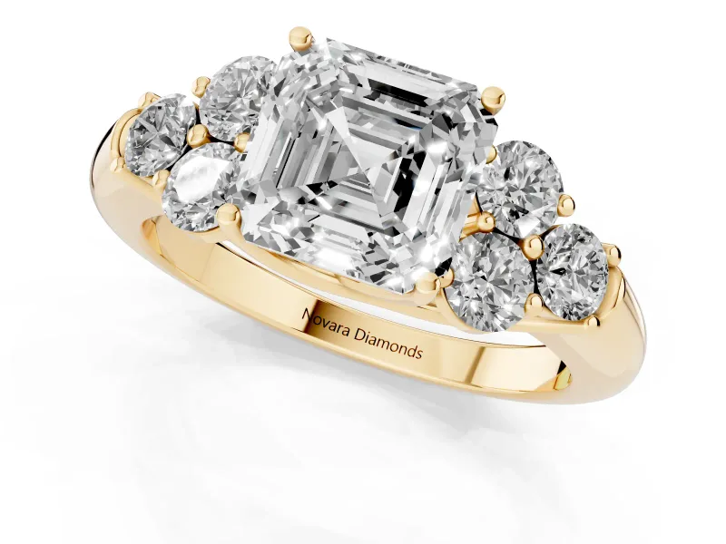 Asscher Cut Diamond Cluster Ring Set in Yellow gold with Round Accent Stones and Prong Setting on a Plain Band