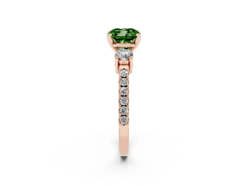 Fancy Green Three-Stone Cushion Cut Diamond Pavé Band Ring Set in Rose gold with Prong Setting