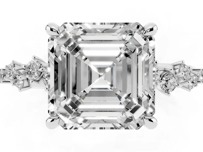 Asscher Cut Diamond Solitaire Vine Band Ring Set in Platinum with Round Accents and Prong Setting