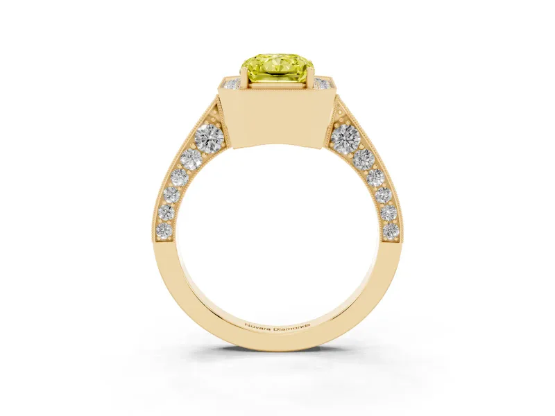 Radiant Cut Milgrain Halo Engagement Ring Setting for a Fancy Yellow Lab-Grown Diamond | Side Stones | Yellow Gold