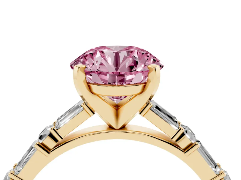 Round Baguette Side Stone Engagement Ring Setting for a Fancy Pink Lab-Grown Diamond | Yellow Gold