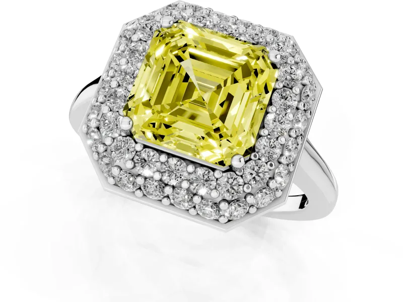 Fancy Yellow Asscher Cut Diamond Halo Engagement Ring Set in Silver with Solitaire Band and Prong Setting