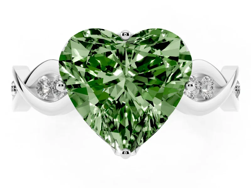 Fancy Green Heart Cut Diamond Twist Band Solitaire Ring Set in Platinum with Leaf Prong Setting and Accent Stones