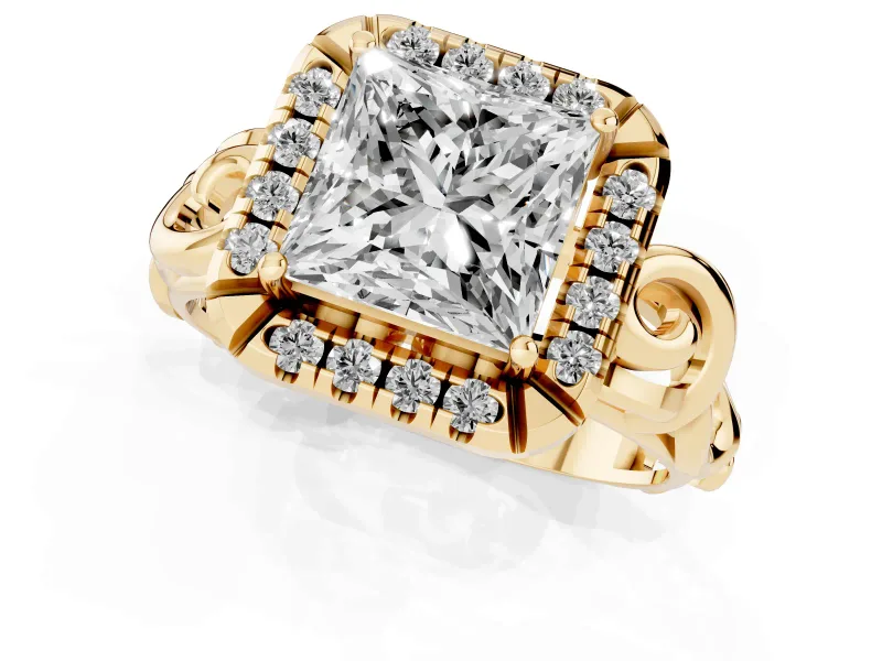 Princess Cut Diamond Halo Ring Set in Yellow gold with Scrollwork Band and Prong Setting
