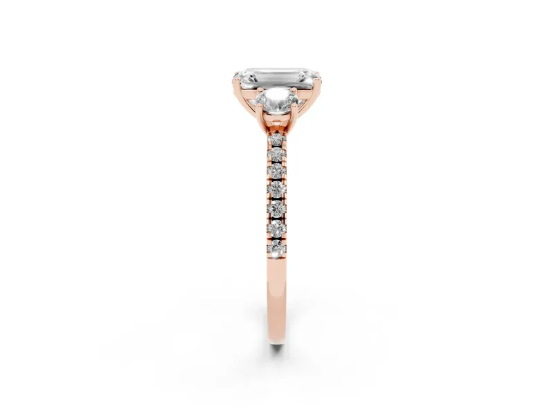 Emerald Cut Three Stone Engagement Ring Setting | Pave Shoulders | Rose Gold