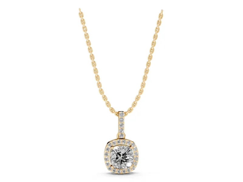 Cushion Cut Lab-Grown Diamond Halo Pendant Necklace | Pavé Bail | Yellow Gold