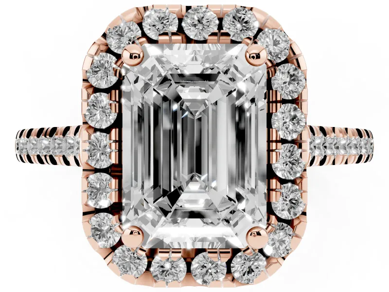 Emerald Cut Halo Engagement Ring Setting | Tapered Band | Rose Gold