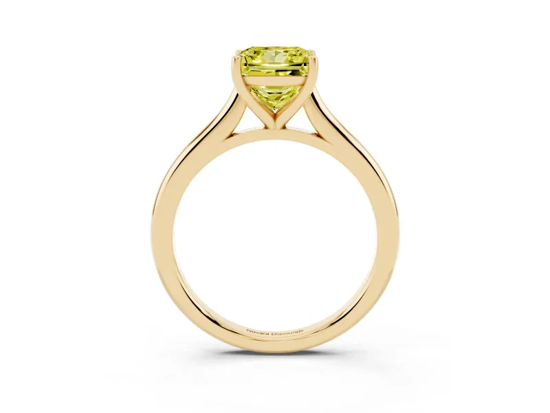 Fancy Yellow Princess Cut Diamond Solitaire Ring Set in Yellow gold with Cathedral Band and Prong Setting