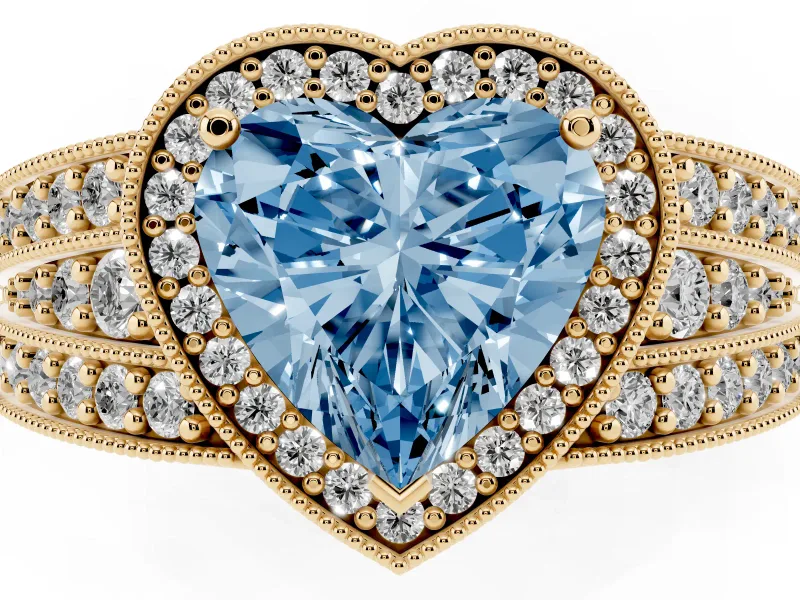 Fancy Blue Heart Cut Diamond Halo Ring Set in Yellow gold with Accent Split Shank and Prong Setting