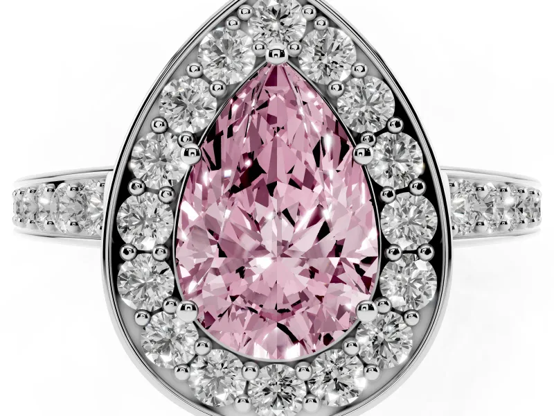 Fancy Pink Pear Cut Diamond Halo Pavé Engagement Ring Set in Platinum with Bezel Setting