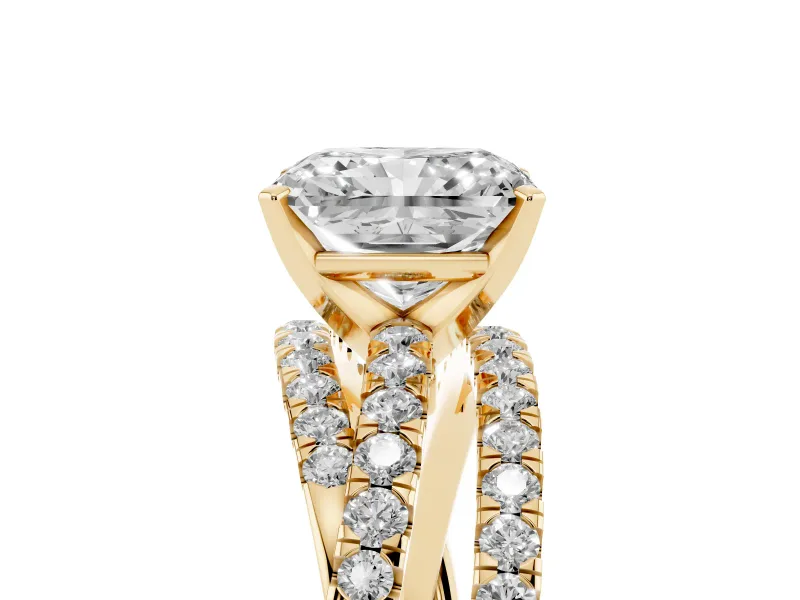 Radiant Cut Diamond Solitaire Twist Band Ring Set in Yellow gold with Pavé Setting and Prong Head