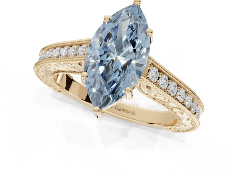 Marquise Vintage Engraved Pavé Engagement Ring Setting for a Fancy Blue Lab-Grown Diamond | Milgrain Edges | Yellow Gold