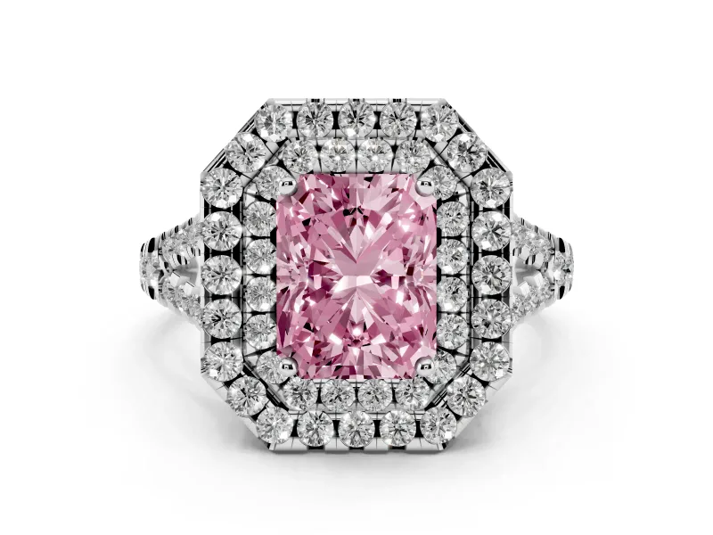 Fancy Pink Radiant Cut Diamond Double Halo Ring Set in White gold with Pavé Split Shank and Prong Setting