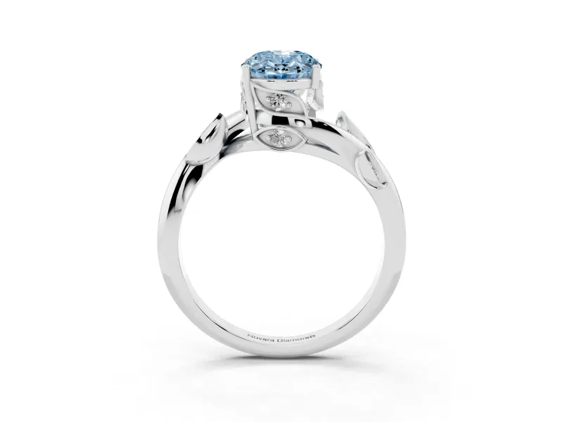 Fancy Blue Oval Cut Diamond Solitaire Twist Engagement Ring Set in Silver with Pavé Leaf Accents