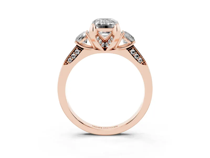 Emerald Cut Hidden Halo Three Stone Engagement Ring Setting for a Fancy Pink Lab-Grown Diamond | Rose Gold