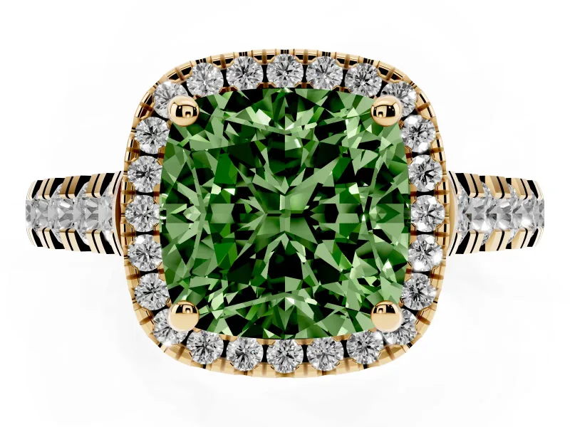 Cushion Cut Accented Halo Engagement Ring Setting for a Fancy Green Lab-Grown Diamond | Yellow Gold
