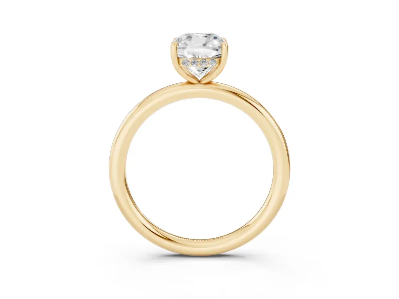 Cushion Cut Diamond Solitaire Ring Set in Yellow gold with Thin Band and Prong Setting