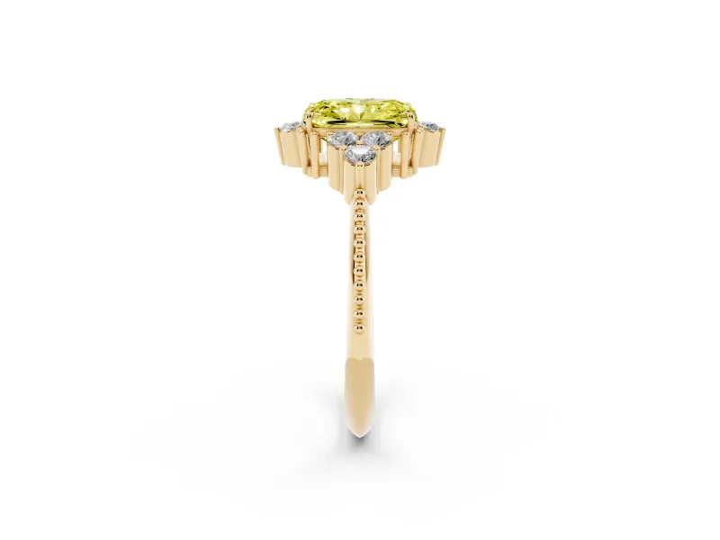 Fancy Yellow Radiant Cut Diamond Cluster Ring Set in Yellow gold with Beaded Band