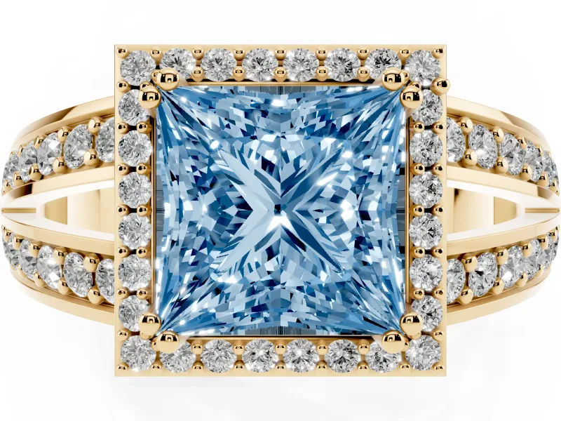 Princess Cut Halo Engagement Ring Setting for a Fancy Blue Lab-Grown Diamond | Two-Row Pave Split Shank | Yellow Gold