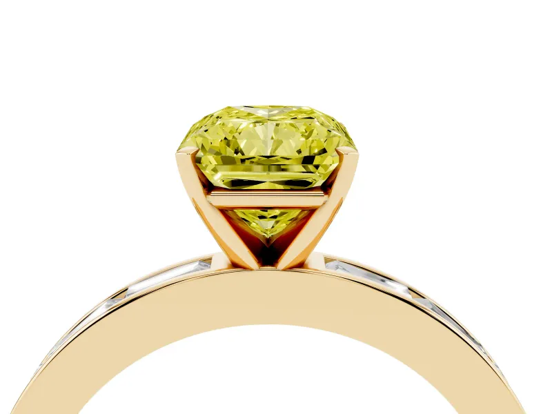 Fancy Yellow Radiant Cut Diamond Solitaire Ring Set in Yellow gold with Channel-Set Baguette Band and Prong Setting