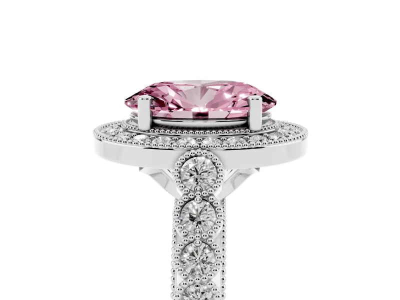 Fancy Pink Oval Cut Diamond Milgrain Halo Solitaire Ring Set in White gold with Bezel Set Side Stones and Pavé Band