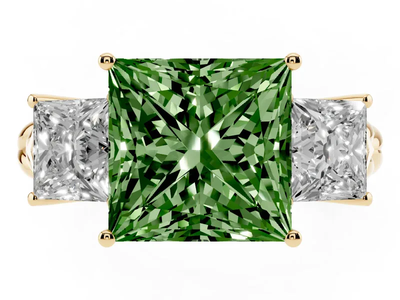 Princess Cut Three Stone Engagement Ring Setting for a Fancy Green Lab-Grown Diamond | Braided Band | Yellow Gold