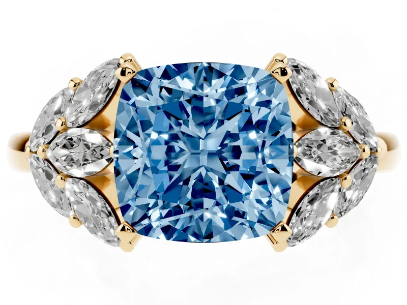 Cushion Cut Leaf Cluster Engagement Ring Setting for a Fancy Blue Lab-Grown Diamond | Yellow Gold
