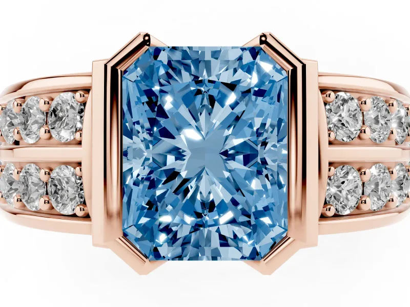 Radiant Cut Half Bezel Engagement Ring Setting for a Fancy Blue Lab-Grown Diamond | Double Row Channel Band | Rose Gold