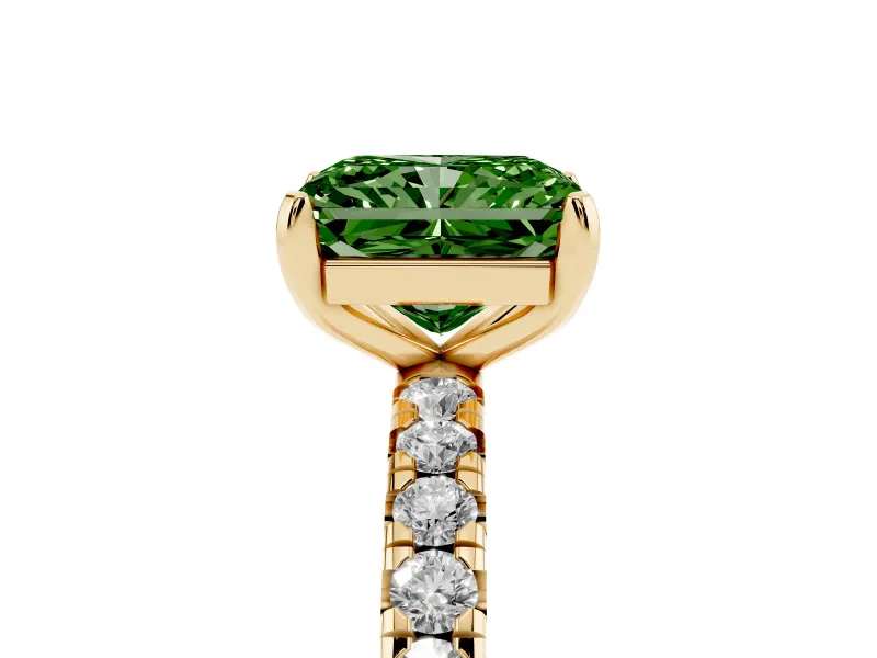 Radiant Cut Pavé Engagement Ring Setting for a Fancy Green Lab-Grown Diamond | Yellow Gold
