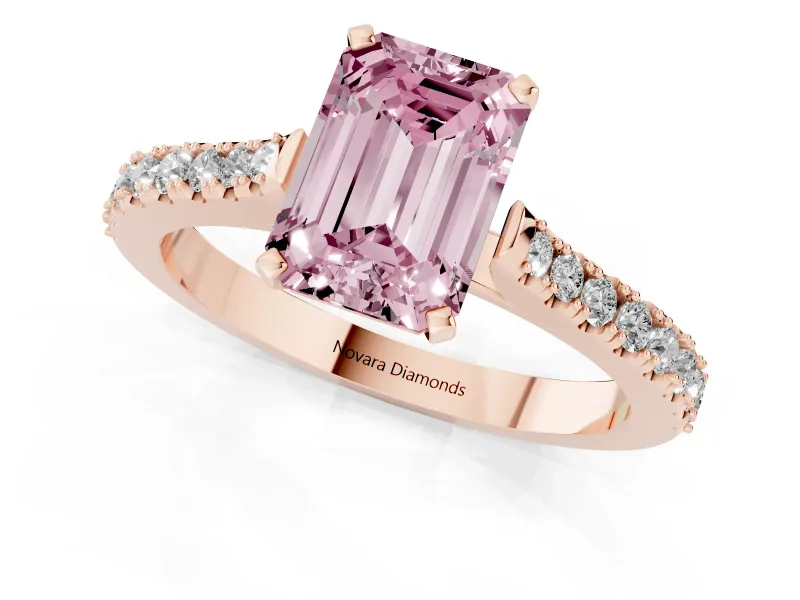 Fancy Pink Emerald Cut Diamond Solitaire Engagement Ring Set in Rose gold with Delicate Pavé Band and Prong Setting