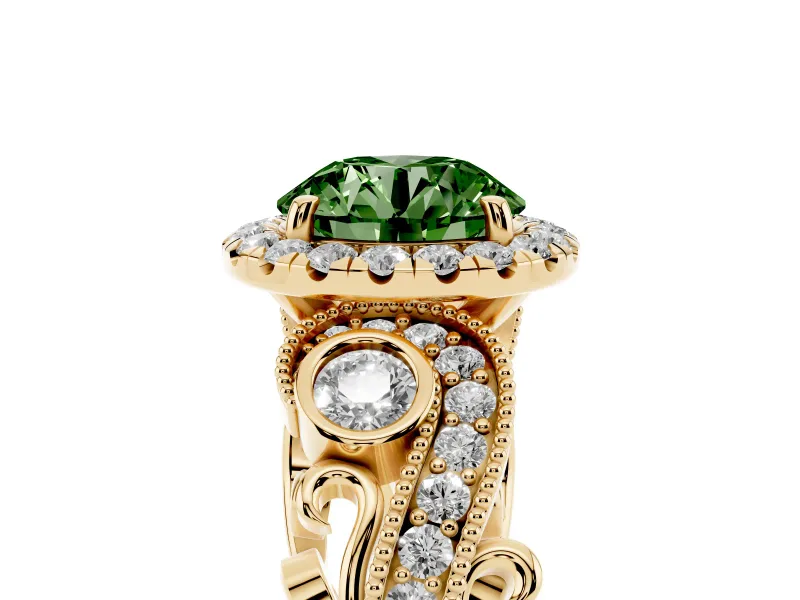 Round Vintage Halo Engagement Ring Setting for a Fancy Green Lab-Grown Diamond | Bezel Shoulder Accents | Yellow Gold