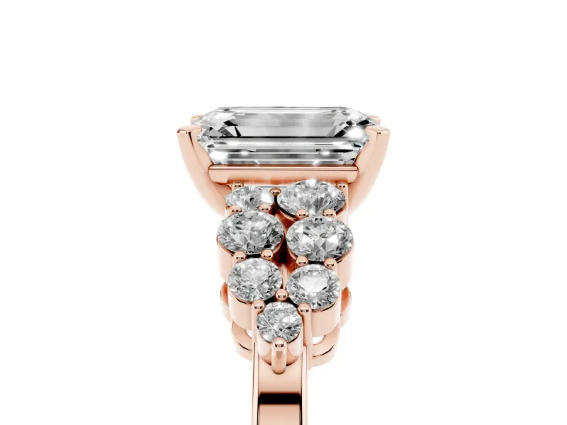 Emerald Cut Diamond Cluster Engagement Ring Set in Rose gold with Pavé Band and Prong Setting