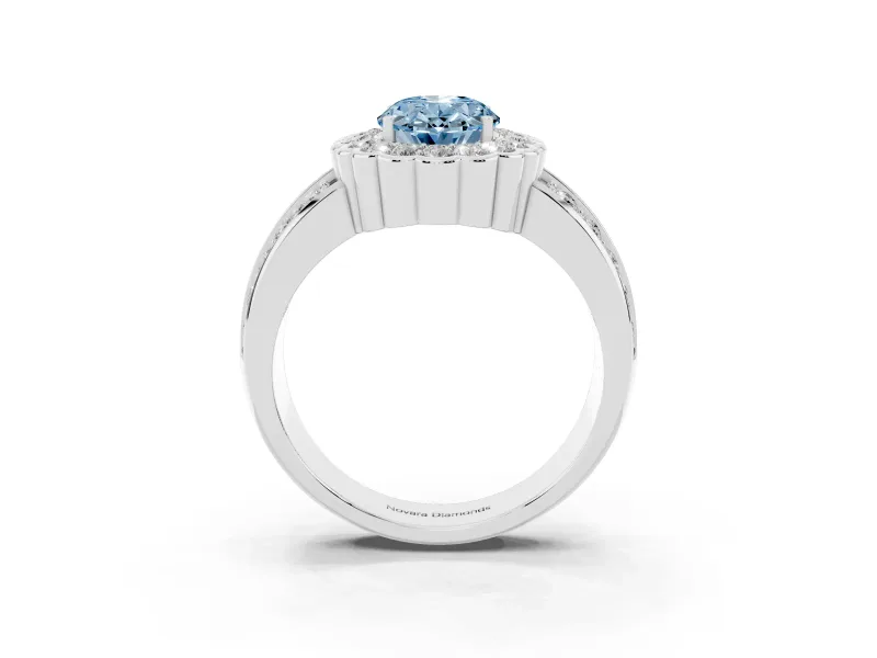 Fancy Blue Oval Cut Diamond Scalloped Halo Ring Set in Platinum with Pavé Split Shank