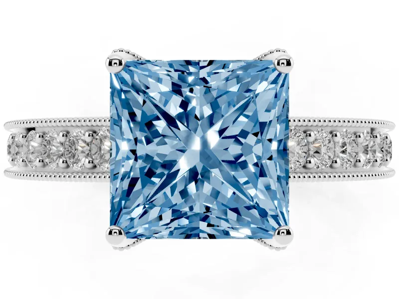 Princess Cut Hidden Halo Engagement Ring Setting for a Fancy Blue Lab-Grown Diamond | Milgrain Pave | Platinum