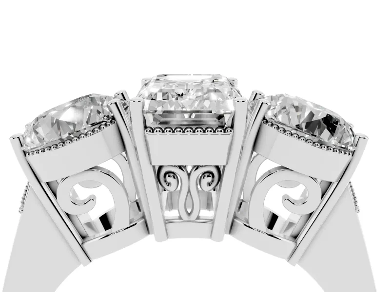Emerald Cut Diamond Three-Stone Engagement Ring Set in Silver with Polished Band