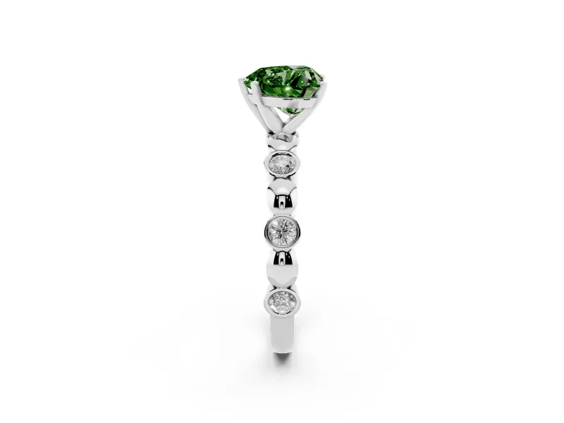 Fancy Green Heart Cut Diamond Solitaire Ring Set in White gold with Bezel-Set Accents on Beaded Band and Prong Setting