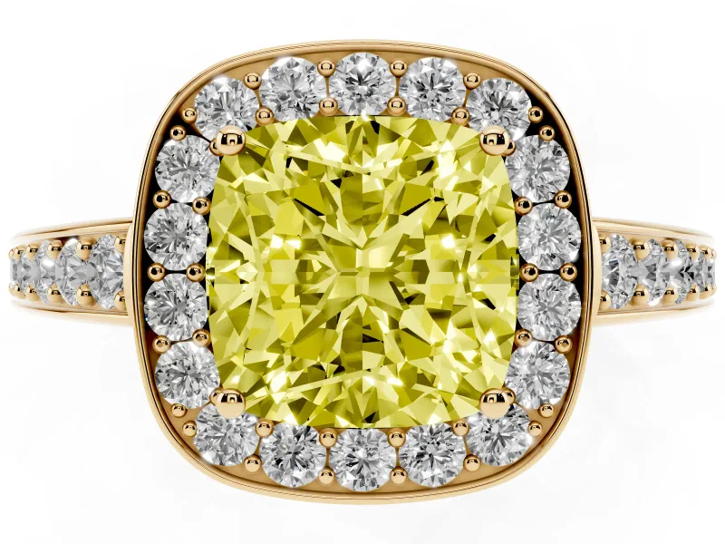 Cushion Cut Framed Halo Engagement Ring Setting for a Fancy Yellow Lab-Grown Diamond | Yellow Gold