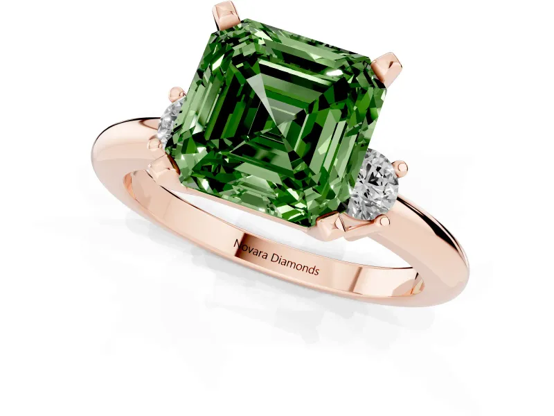 Fancy Green Three-Stone Asscher Cut Diamond Ring Set in Rose gold with Prong Setting and Plain Band