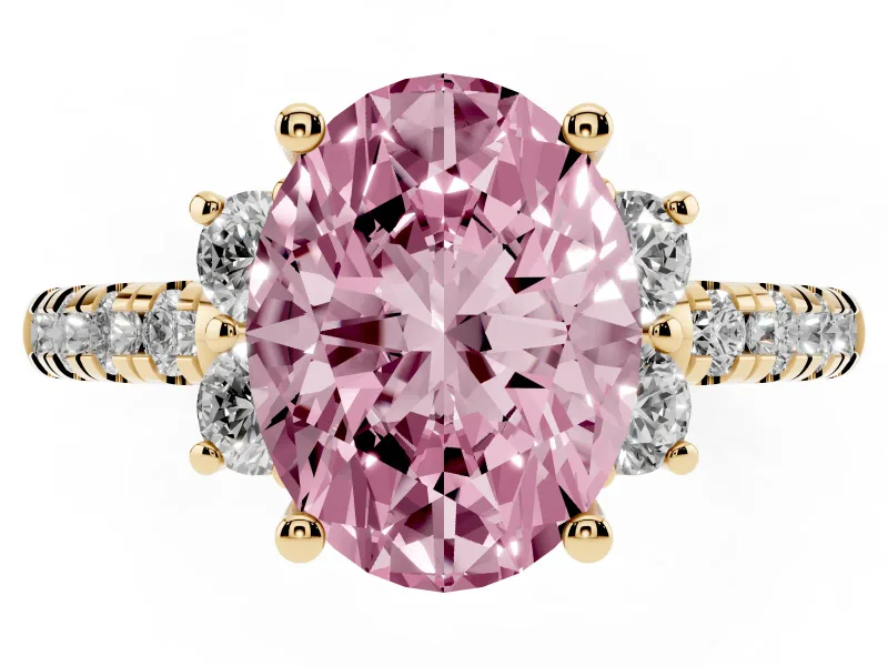 Oval Side Stone Engagement Ring Setting for a Fancy Pink Lab-Grown Diamond | Pave Band | Yellow Gold