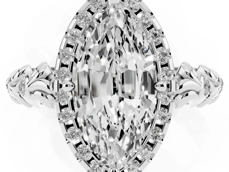 Marquise Filigree Leaf Halo Engagement Ring Setting | Bezel Leaf Accents | Sterling Silver