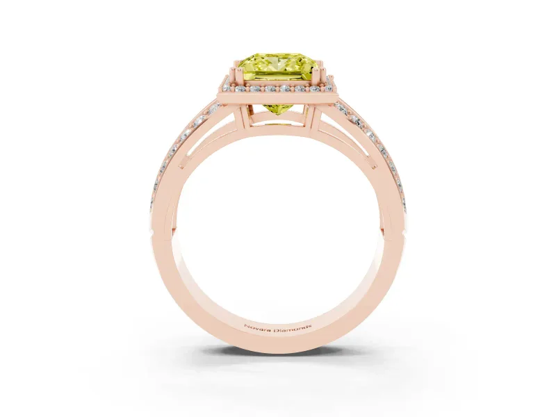 Princess Cut Halo Engagement Ring Setting for a Fancy Yellow Lab-Grown Diamond | Two-Row Pave Split Shank | Rose Gold