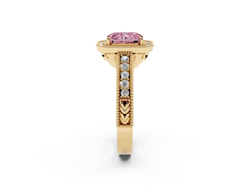 Fancy Pink Radiant Cut Diamond Halo Ring Set in Yellow gold with Round Accent Halo, Pavé Band and Prong Setting