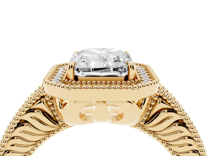 Radiant Cut Diamond Halo Ring Set in Yellow gold with Round Accent Halo, Pavé Band and Prong Setting