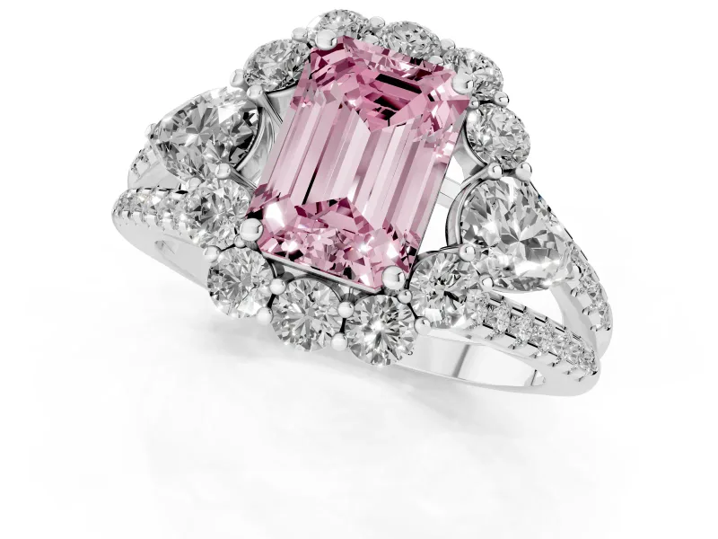 Fancy Pink Emerald Cut Diamond Halo Split Shank Engagement Ring Set in Platinum with Prong-Held Center Stone