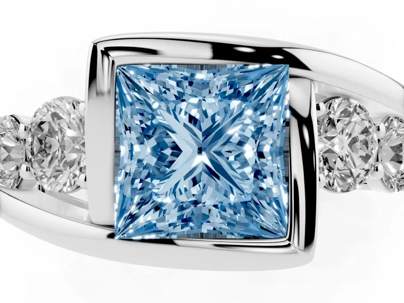 Fancy Blue Princess Cut Diamond Bezel Bypass Ring Set in White gold with Round Accents
