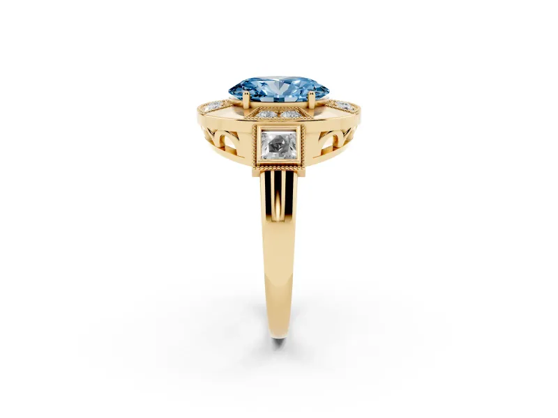 Fancy Blue Oval Cut Diamond Milgrain Halo Ring Set in Yellow gold with Split Shank