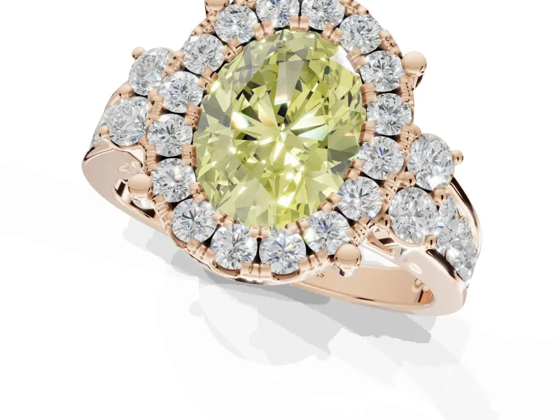 Oval Halo Engagement Ring Setting for a Fancy Yellow Lab-Grown Diamond | Side Clusters | Rose Gold